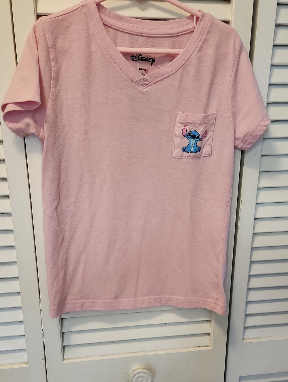 Disney Pink V-Neck Pocket Tee with Stitch Embroidered Patch